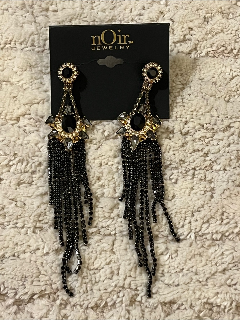 nOir Jewelry Black and Gold Beaded Fringe Statement Earrings